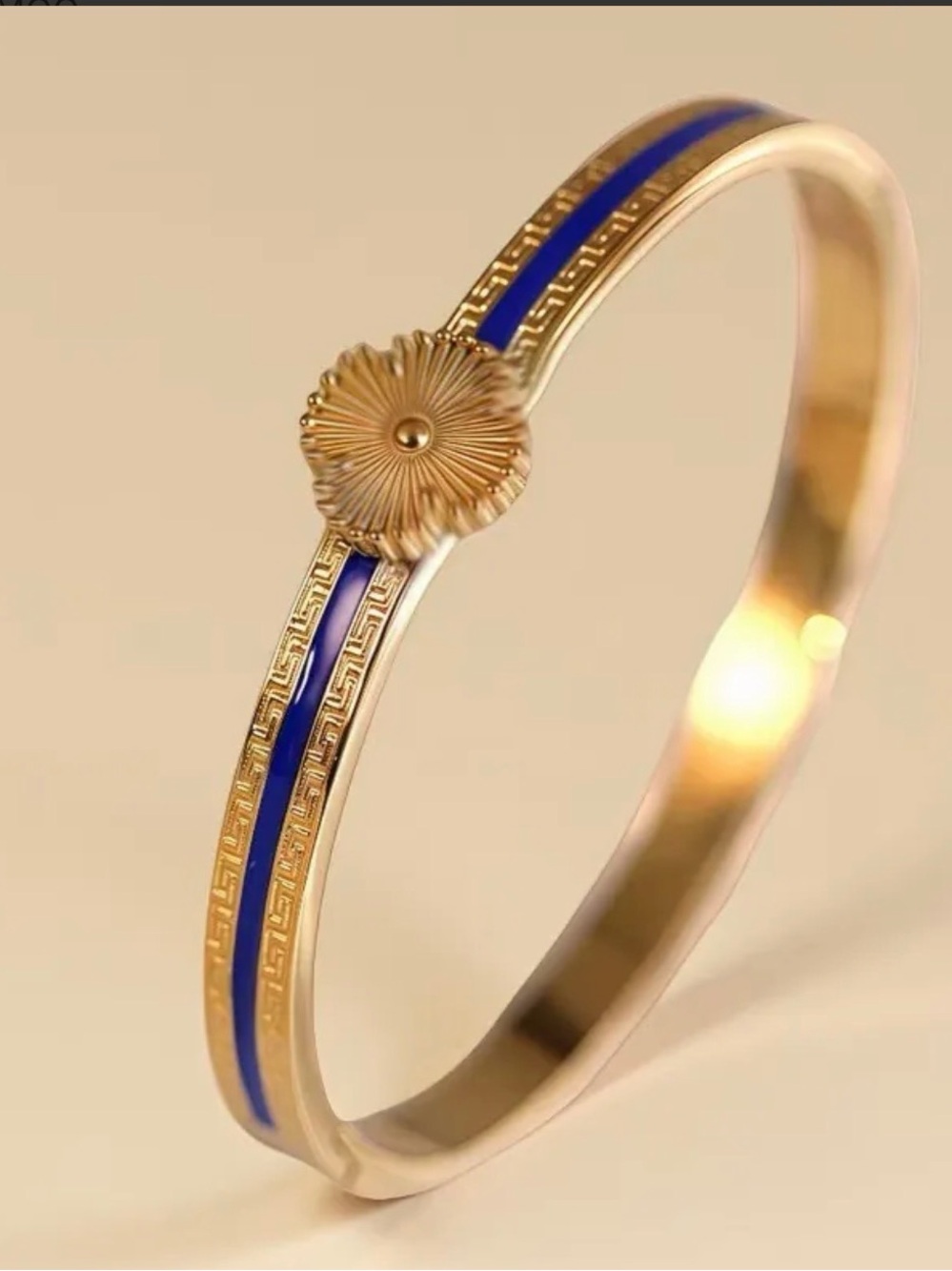 Gold-Plated Blue Enamel Floral Accent stainless steel Bangle